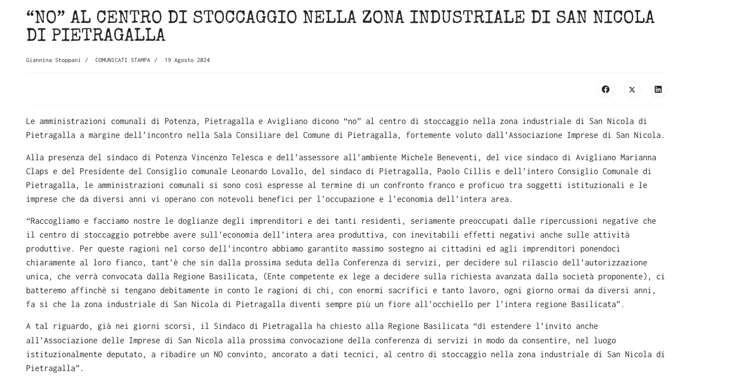 Le amministrazioni di Potenza, Pietragalla, Avigliano si esprimono.